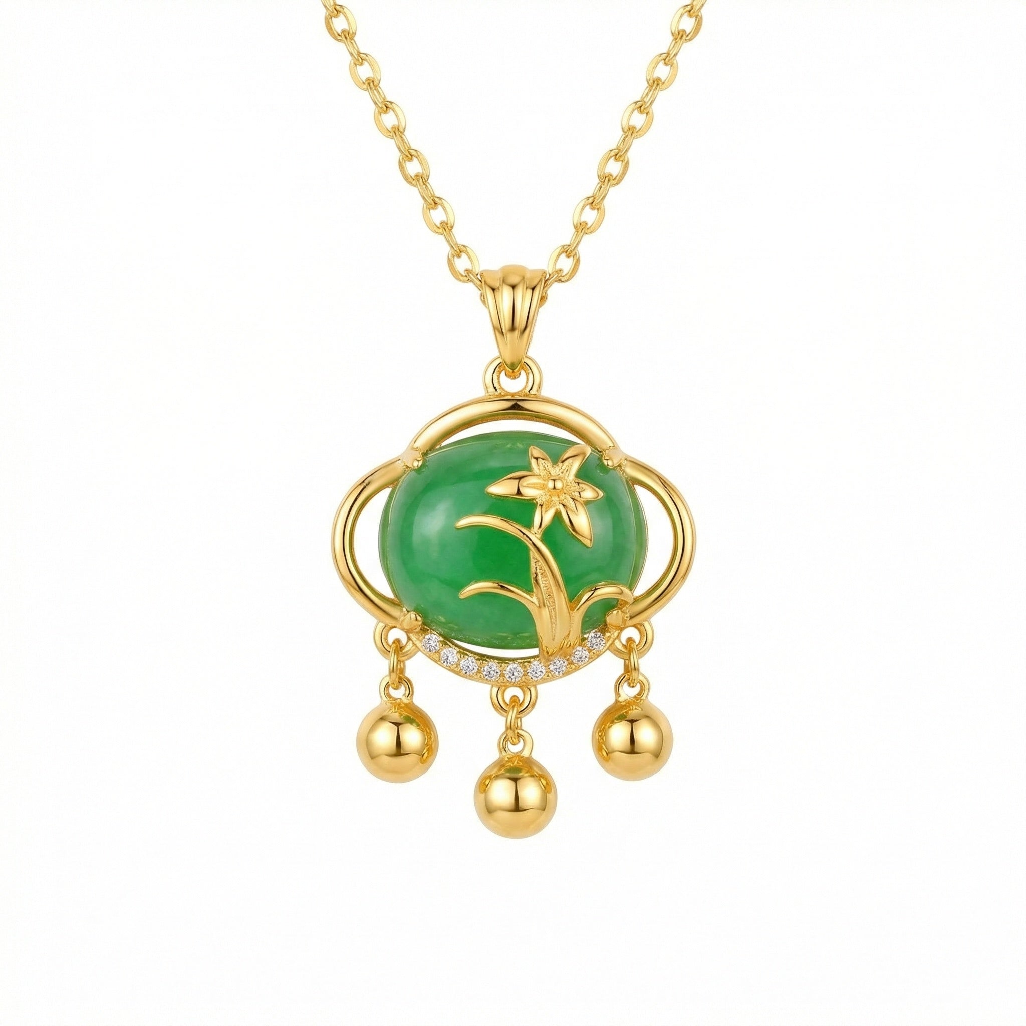 925 Sterling Silver Exquisite Emerald Green Gemstone Pendant Featuring Floral Motif and Elegant Triple Dangle Accents
