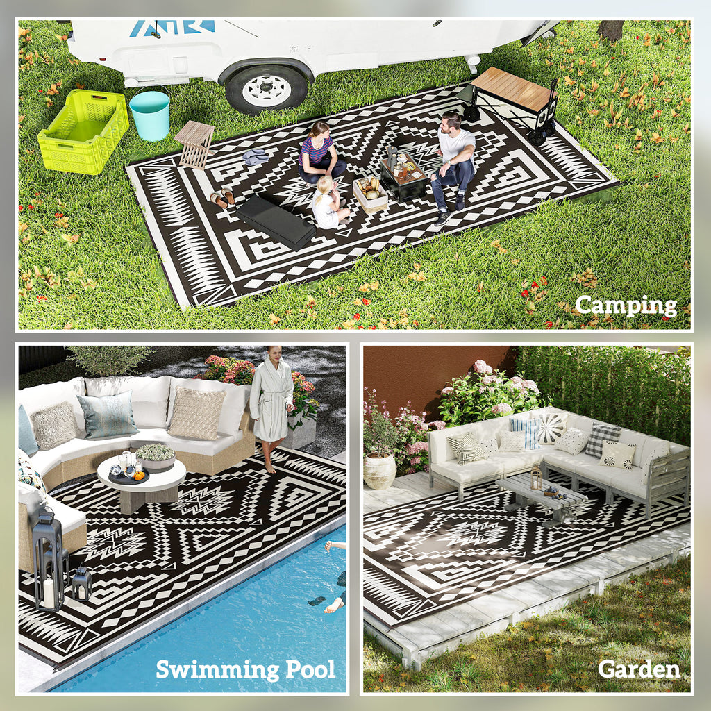 Reversible Outdoor Rug, Waterproof Plastic Straw With Carry Bag, 9 X 18, Black & White Square Patchwork