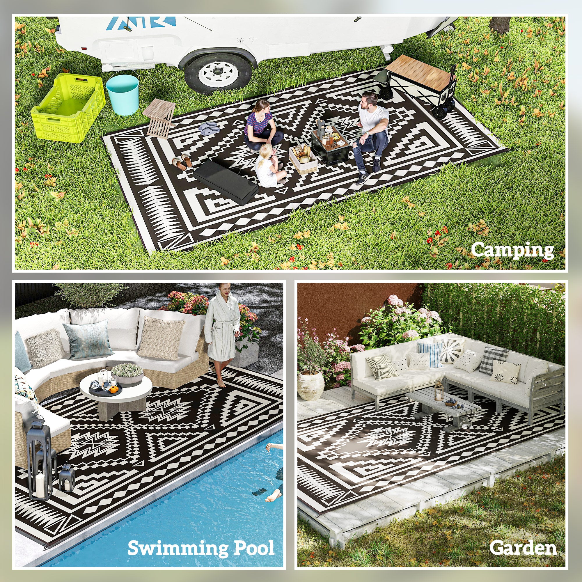 Reversible Outdoor Rug, Waterproof Plastic Straw With Carry Bag, 9 X 18, Black & White Square Patchwork