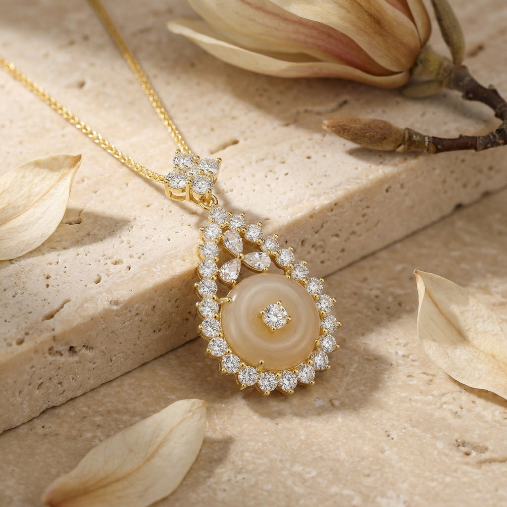 925 Sterling Silver Elegant Diamond Halo Teardrop Pendant Necklace with Central White Gemstone