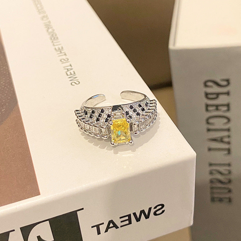 Small Fragrance Style Paved Sweet & Cool Yellow Diamond Temperament Hollow Fashion Open Ring, Exquisite Luxury High-End Index Finger Ring For Women