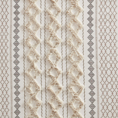 Cotton Printed Curtain Panel With Chenille Stripe And Lining Ivory 50x84