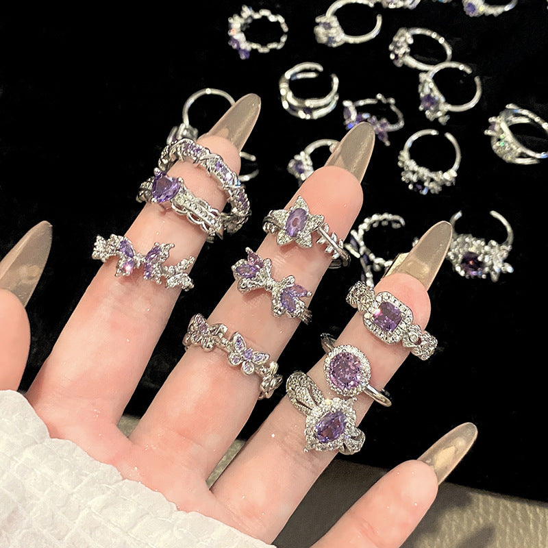 Sweet Cool Geometric Ring Inlaid Purple Zircon Niche Minimalist Style