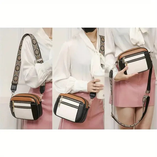 Handmade Women's Multi-Compartment Crossbody Bag & Wallet With Adjustable Strap, Golden-Tone Hardware, Zipper Closure - Premium Second-Layer Leather, 8.26x6.29, 6 Colors (Brown/White/Beige/Black/Blue/