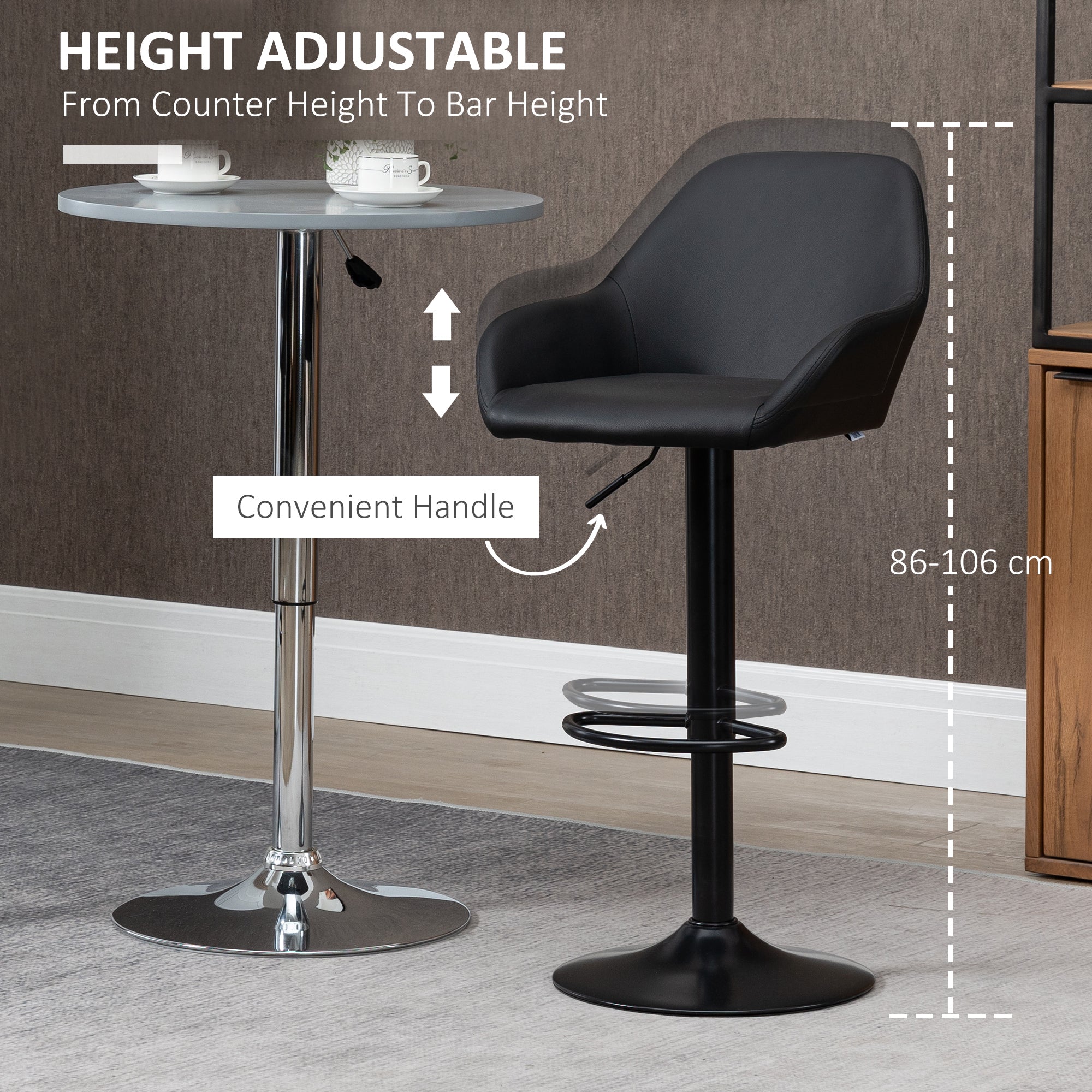 Bar Stools Set Of 2, Height Adjustable Swivel Barstools, PU Leather Kitchen Stools With Backs, Armrests And Footrest For Home, Counter And Dining Room, Black