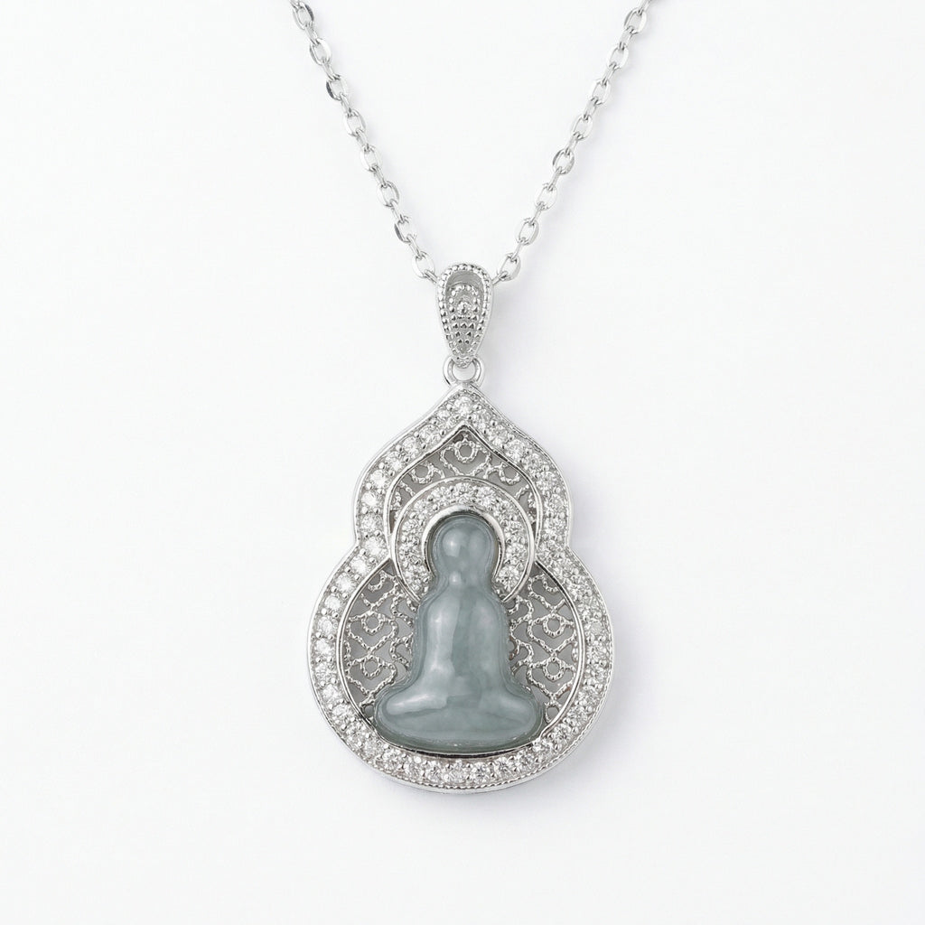 925 Sterling Silver Elegant Jadeite Buddha Pendant Necklace in a Decorative Sparkling Frame