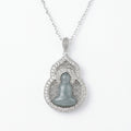 925 Sterling Silver Elegant Jadeite Buddha Pendant Necklace in a Decorative Sparkling Frame