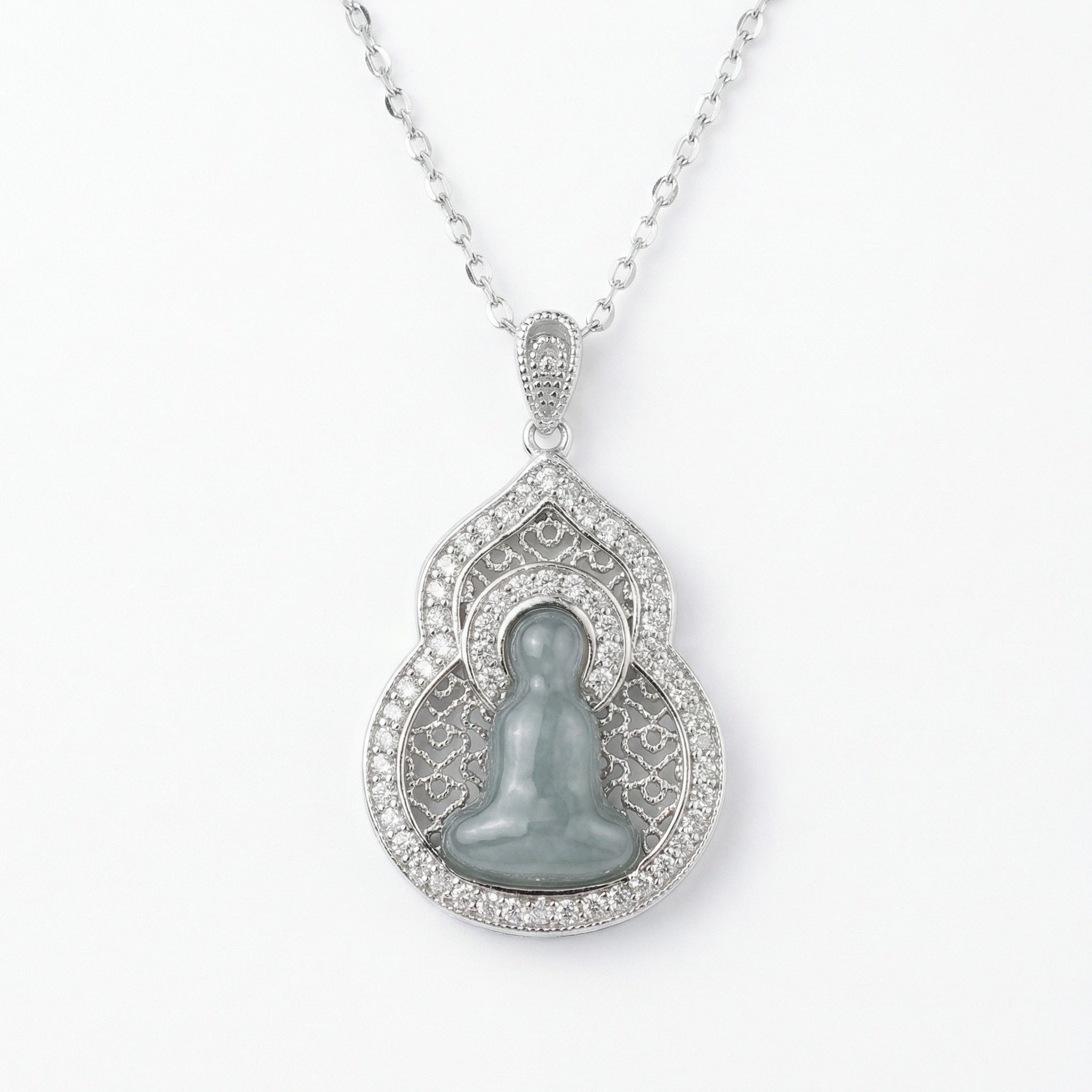 925 Sterling Silver Elegant Jadeite Buddha Pendant Necklace in a Decorative Sparkling Frame