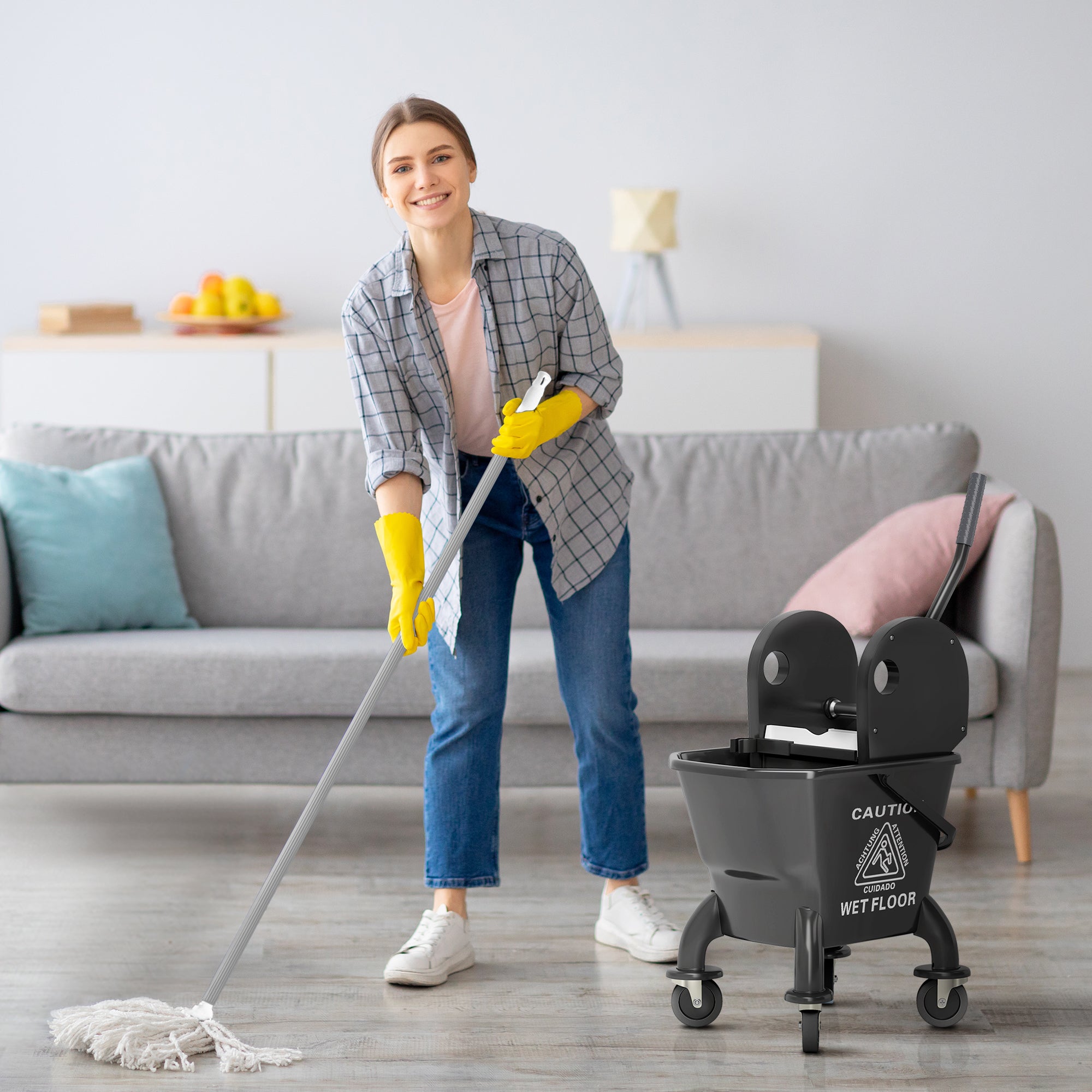 Mop Bucket With Wringer On Wheels For Floor Cleaning, 27.5 Quart Down Press Wringer With Handle And Mop, Black