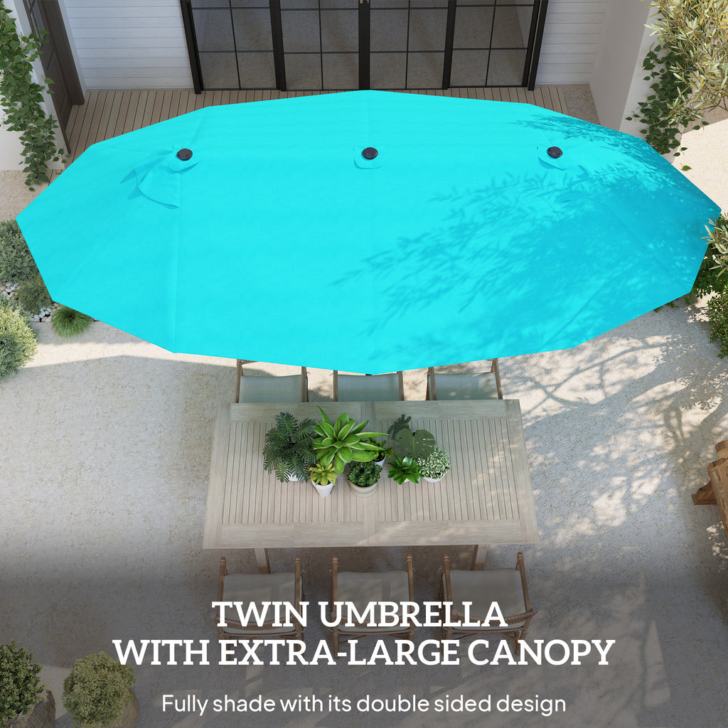 Patio Umbrella, 15 Steel Rectangular Outdoor Double Sided Market Umbrella With Base, Sun Protection & Easy Crank, Blue