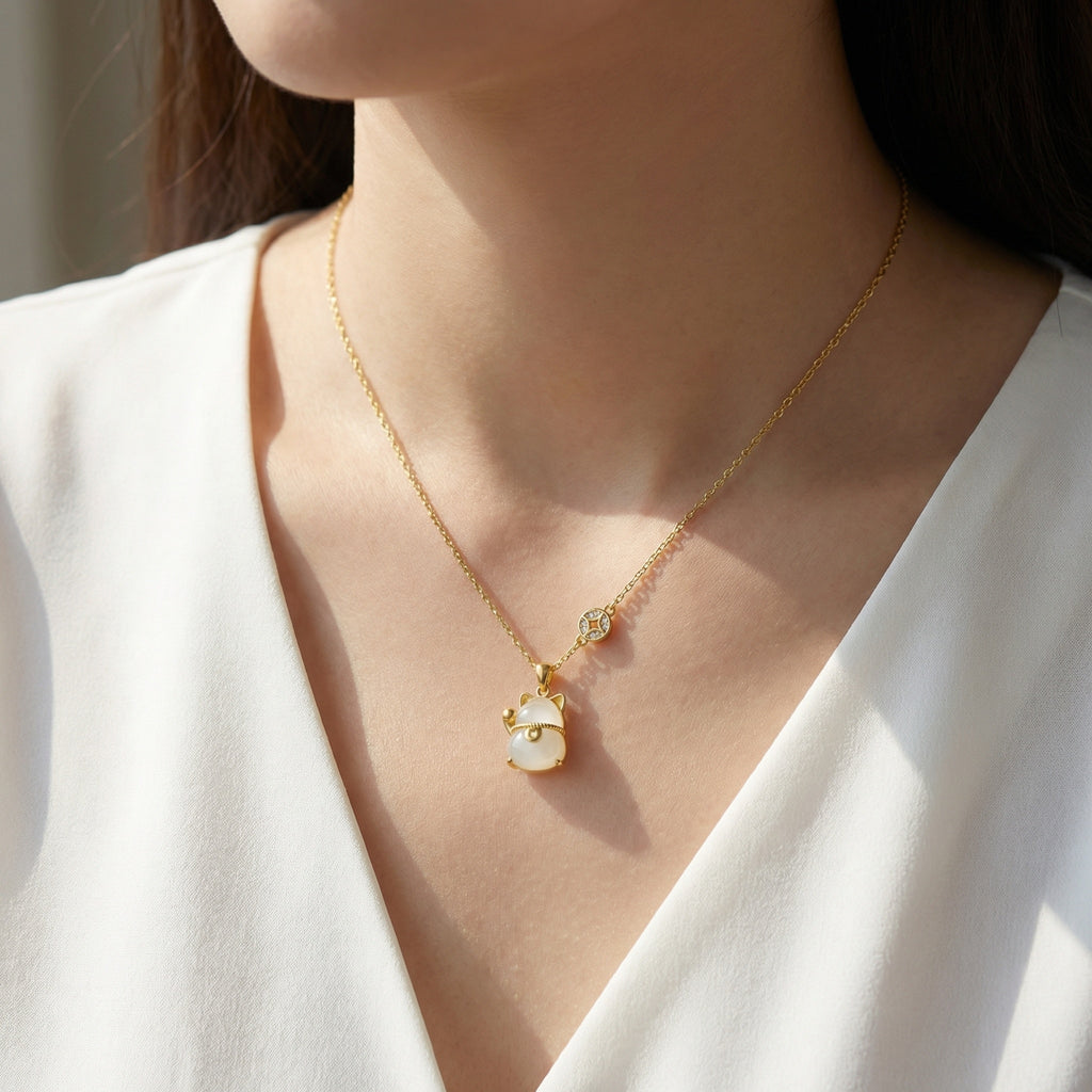 925 Sterling Silver Elegant Maneki-Neko White Jade Gemstone Pendant Necklace with Lucky Coin Charm Detail