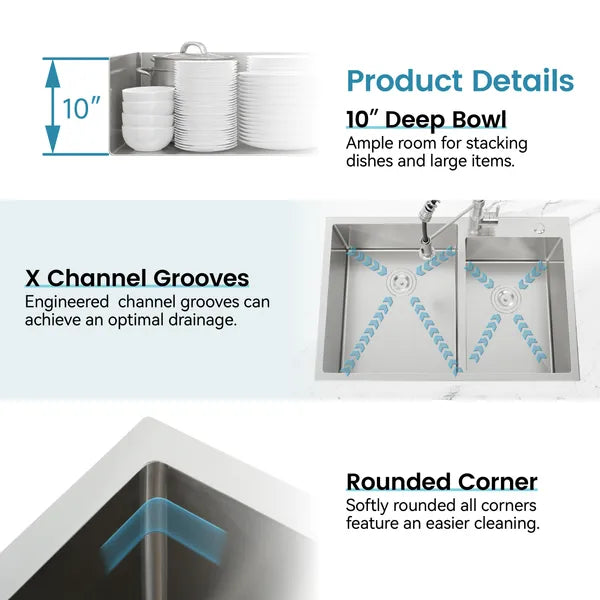 33'x19' Embedded Double Bowl Kitchen Sink, Overmount Handmade Sink In Brushed - Sink Only - Unable Ship Weekends, TK And TEMU Only For Pickup