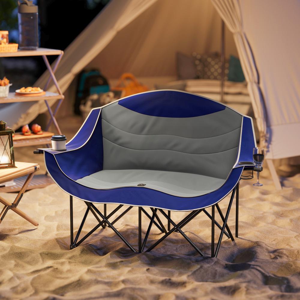 Padded Folding Camp Chair For Adults, Double Camping Chair With Armrests, Cup Holders, Carry Bag For Outdoor, Blue