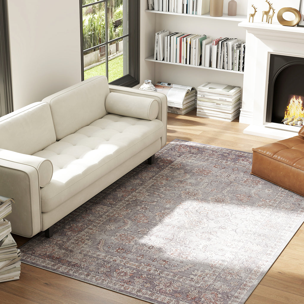 Machine Washable Area Rug 5x7, Non-Slip Traditional Flower Print Floor Carpet For Living Room, Bedroom, Grey And Brown