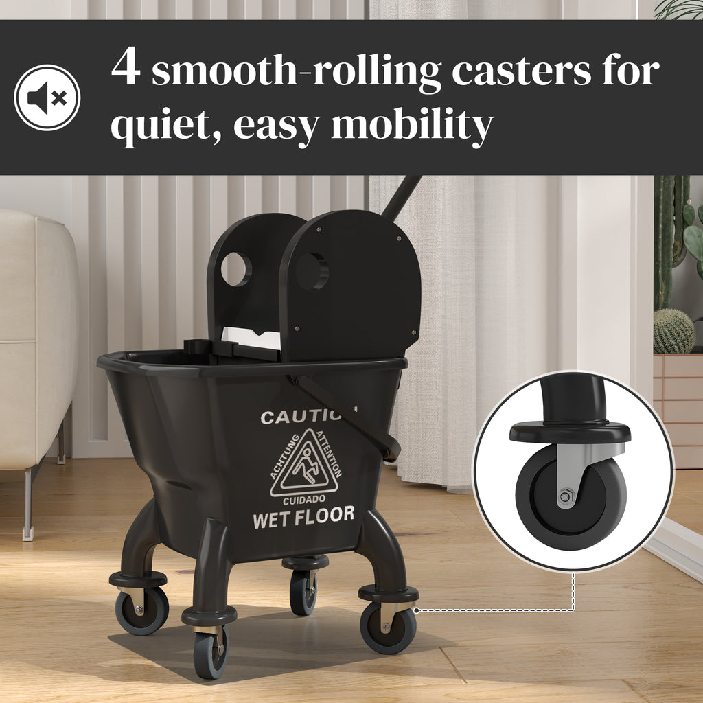Mop Bucket With Wringer On Wheels For Floor Cleaning, 27.5 Quart Down Press Wringer With Handle And Mop, Black