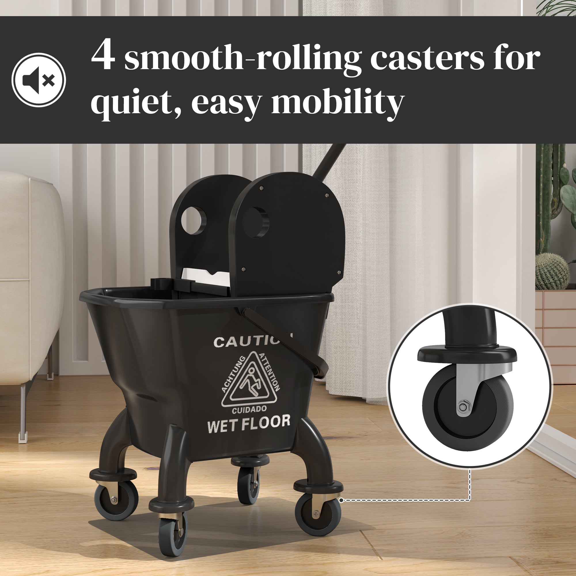 Mop Bucket With Wringer On Wheels For Floor Cleaning, 27.5 Quart Down Press Wringer With Handle And Mop, Black