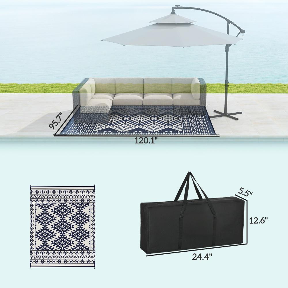 Reversible Outdoor Rug, Waterproof Plastic Straw With Carry Bag, 8 X 10, Blue  White Rhombus Border