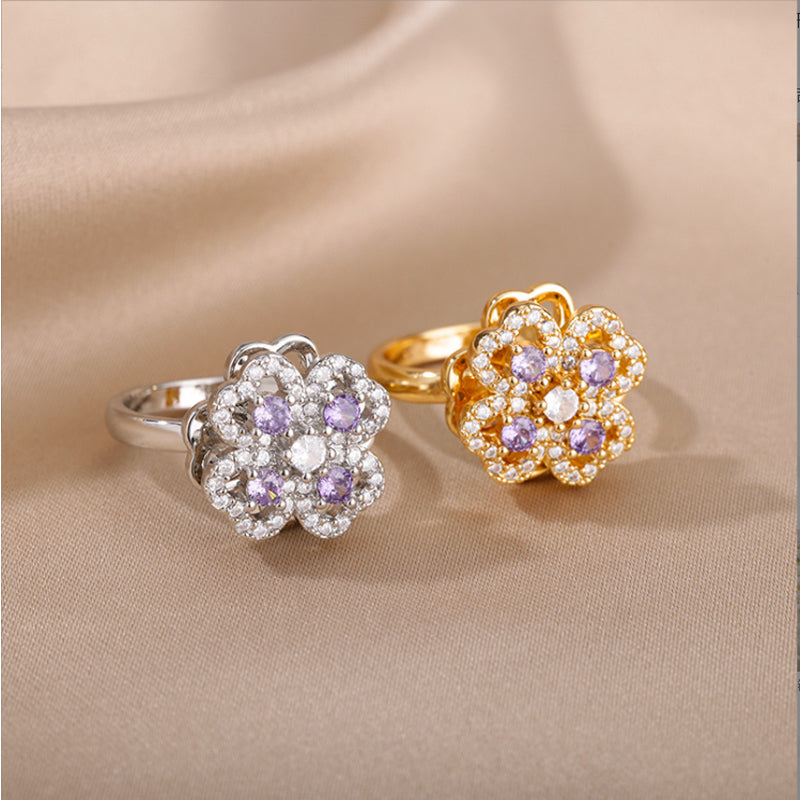 Golden Clover Rotate Rings For Women,Zircon Stainless Steel Open Adjustable Ring Golden Gift Jewelry