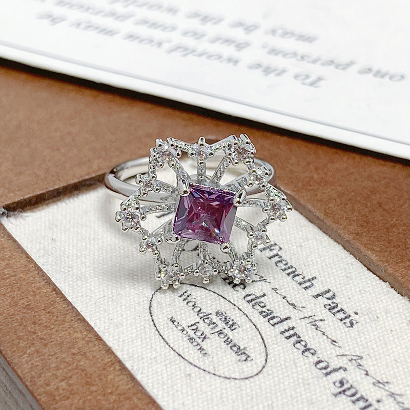 Flower Shaped Purple Zircon Open Ring, Lucky Charm Full Diamond, Exquisite Light Luxury Ornament