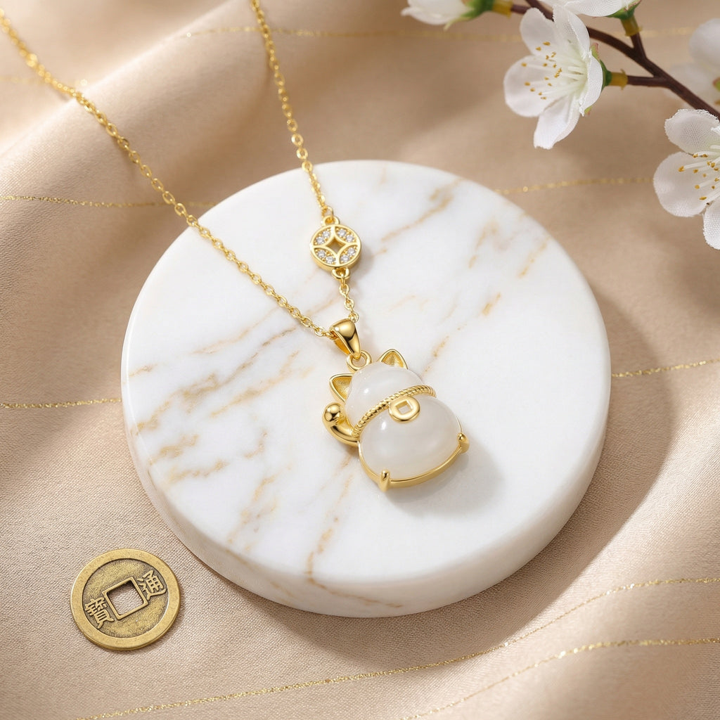 925 Sterling Silver Elegant Maneki-Neko White Jade Gemstone Pendant Necklace with Lucky Coin Charm Detail