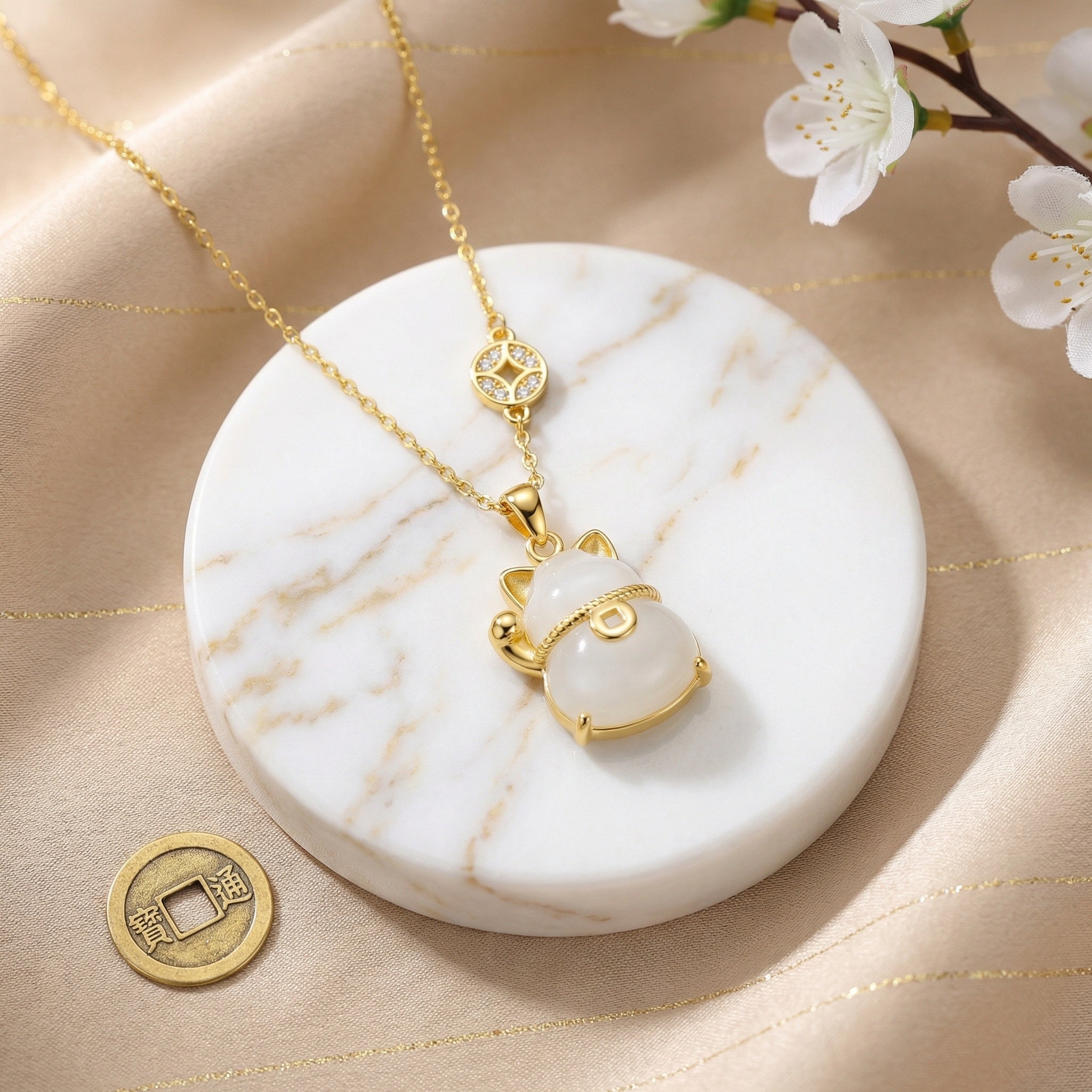925 Sterling Silver Elegant Maneki-Neko White Jade Gemstone Pendant Necklace with Lucky Coin Charm Detail