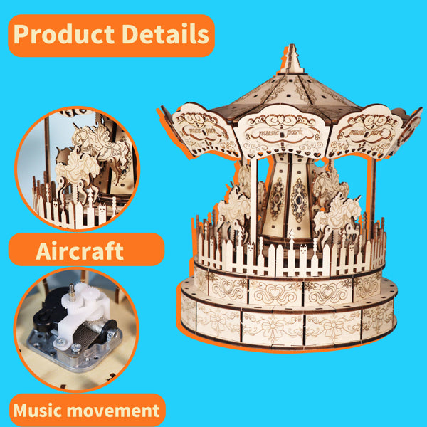 Music Park 3d Wooden Puzzle Carousel Music Box Handmade Assembly Model Kit Holidays Birthdays Christmas Gifts
