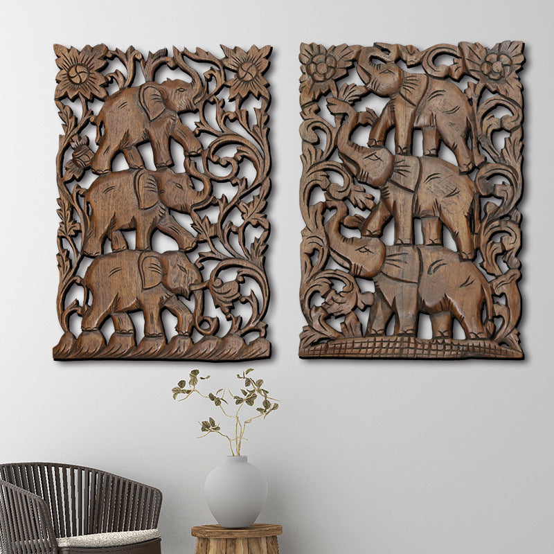 Elephant Solid Wood Carved Board Handicraft Wall Decoration