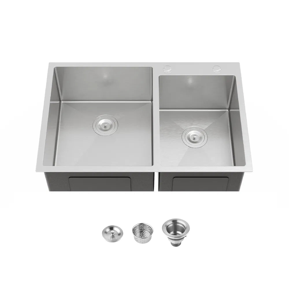 33'x19' Embedded Double Bowl Kitchen Sink, Overmount Handmade Sink In Brushed - Sink Only - Unable Ship Weekends, TK And TEMU Only For Pickup