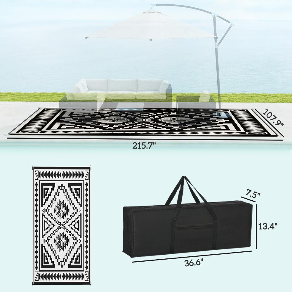 Reversible Outdoor Rug, Waterproof Plastic Straw With Carry Bag, 9 X 18, Black & White Square Patchwork