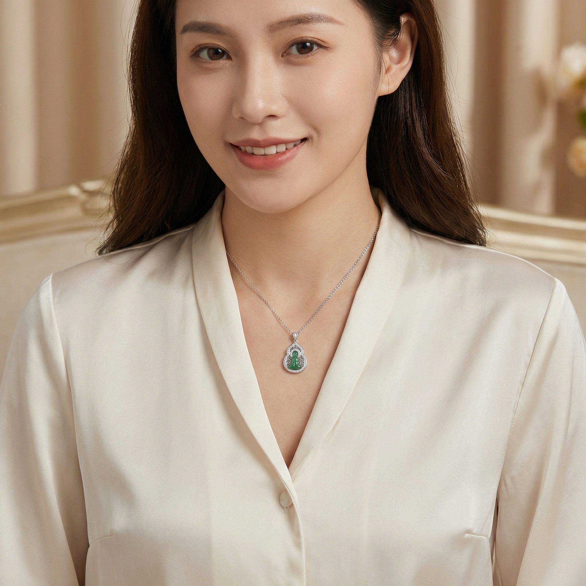 925 Sterling Silver Elegant Jadeite Buddha Pendant Necklace in a Decorative Sparkling Frame