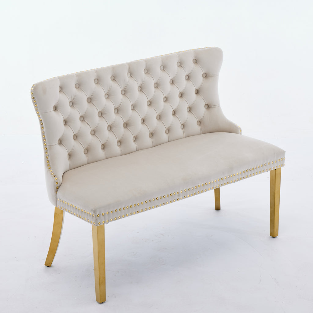 Velvet Double Dining Loveseat Bench, Kitchen & Dining Seating, 2-Seat Tufted Bench W Handmade Buttons, Wing Back, Gold-Plated Steel Legs, Mid Century Modern,Single Pack,Beige
