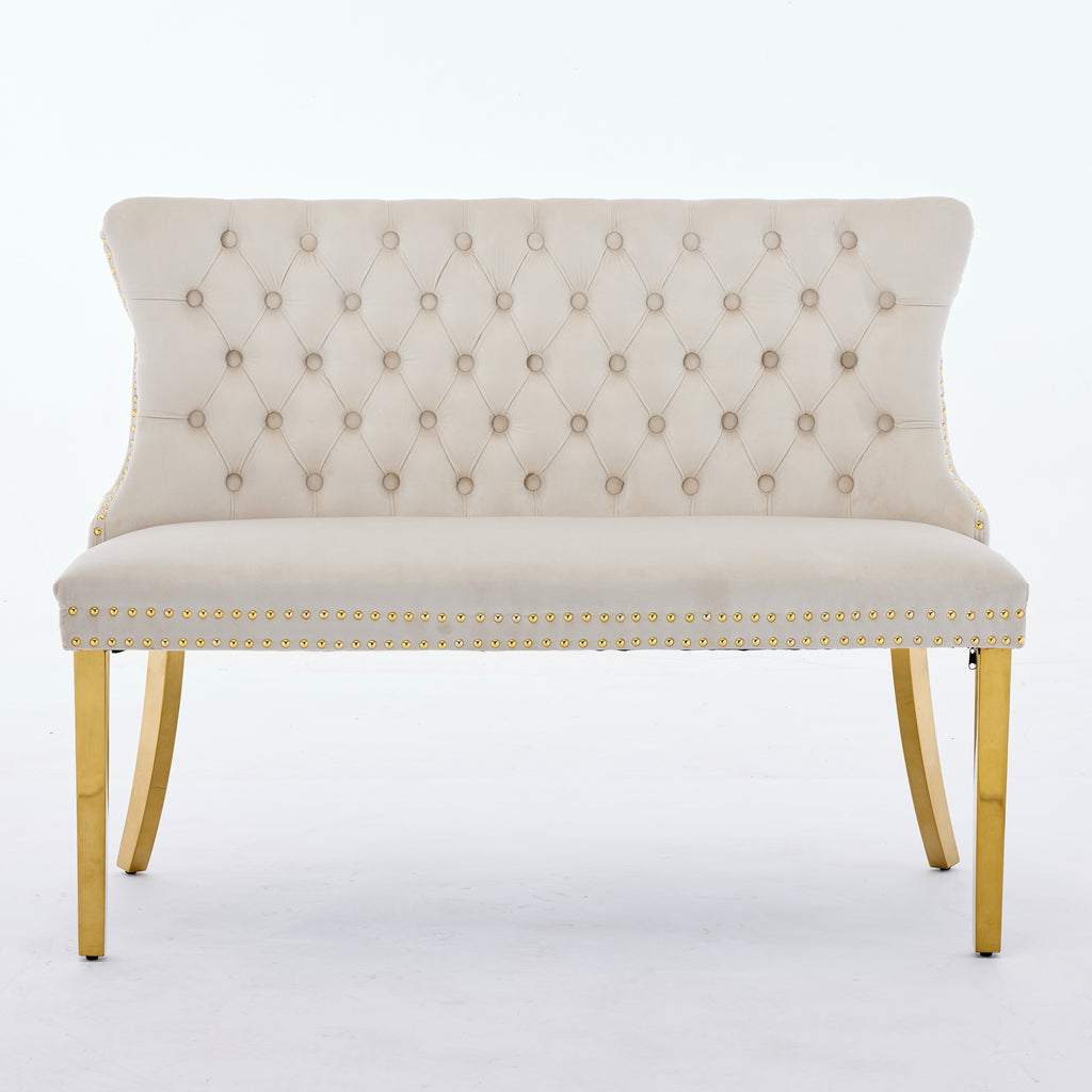 Velvet Double Dining Loveseat Bench, Kitchen & Dining Seating, 2-Seat Tufted Bench W Handmade Buttons, Wing Back, Gold-Plated Steel Legs, Mid Century Modern,Single Pack,Beige