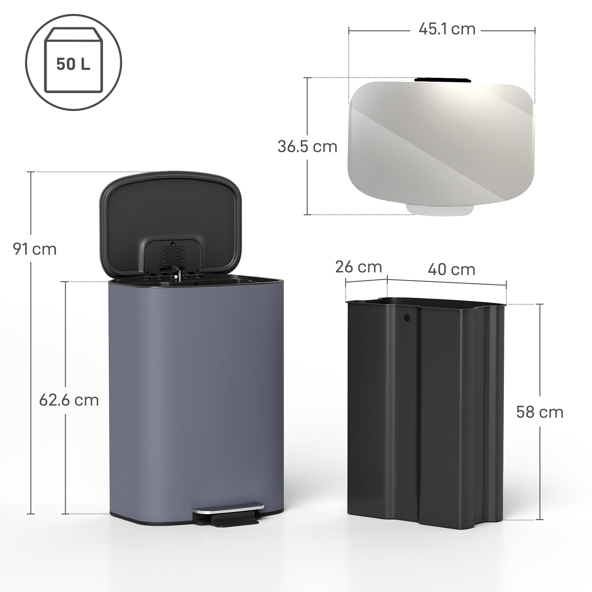 50L Kitchen Bin With Soft-Close Lid And Stay-Open Function, Stainless Steel Pedal Bin With Removable Inner Bucket, Carry Handle For Kitchen, Office, Home, Grey
