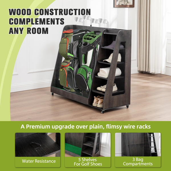 Gray Wooden Golf Bag Storage Rack