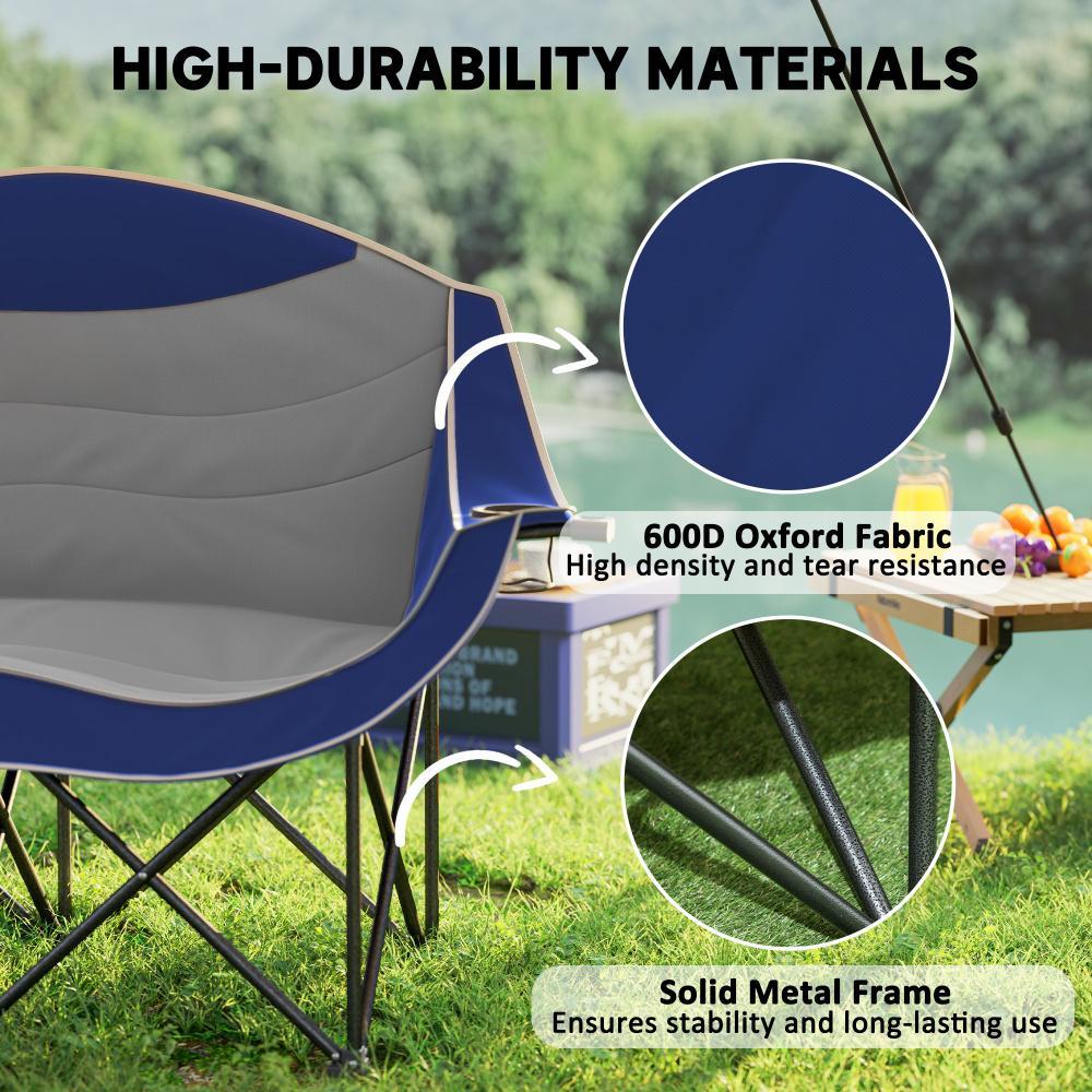 Padded Folding Camp Chair For Adults, Double Camping Chair With Armrests, Cup Holders, Carry Bag For Outdoor, Blue