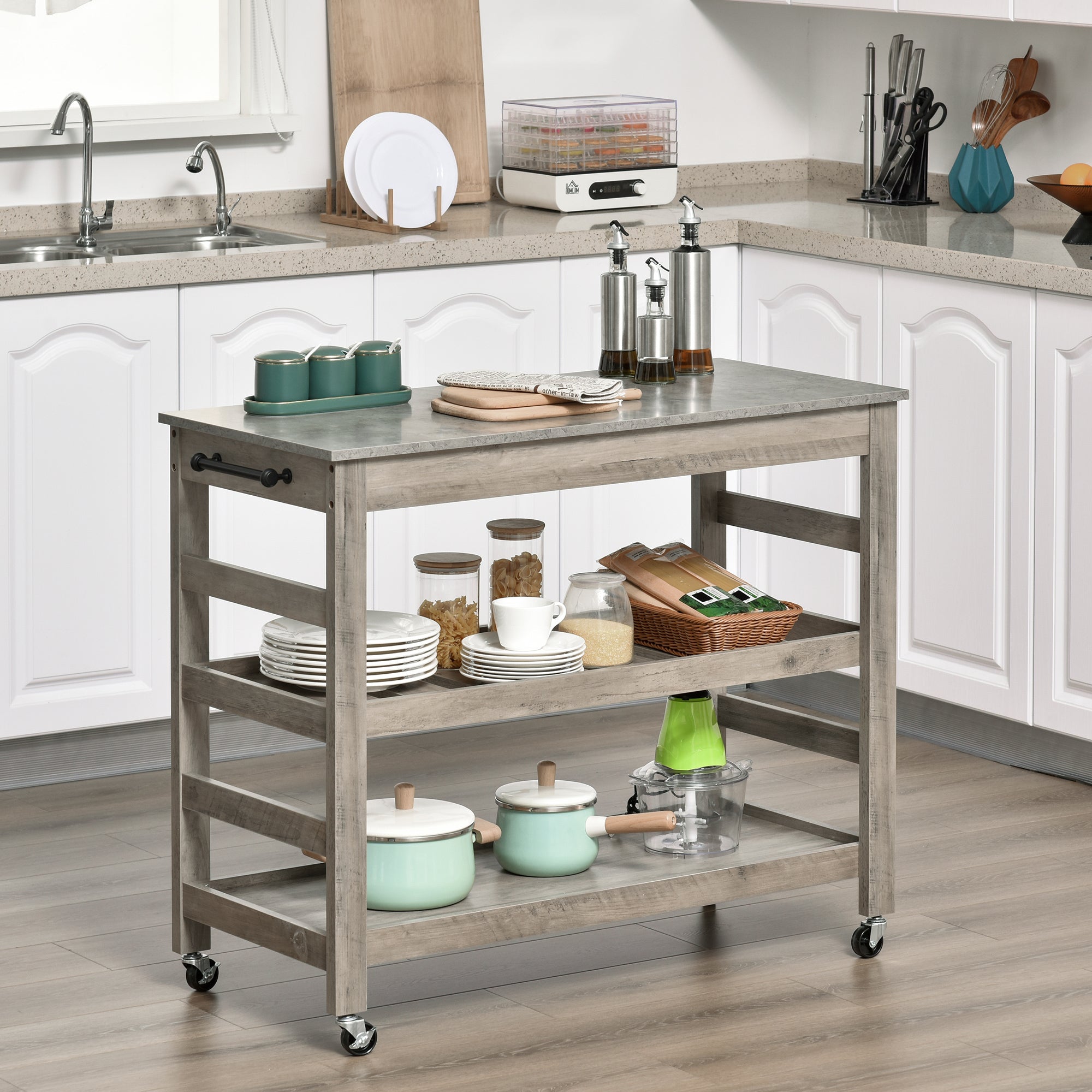 Kitchen Cart, Rolling Kitchen Island Utility Trolley with Stainless Steel Top