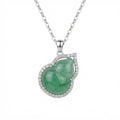 925 Sterling Silver Elegant Green Jade Hulu Gourd Pendant Necklace with Shimmering Stone Border