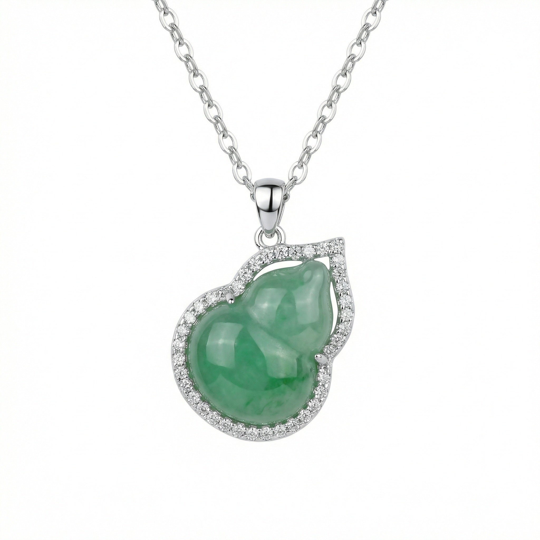 925 Sterling Silver Elegant Green Jade Hulu Gourd Pendant Necklace with Shimmering Stone Border