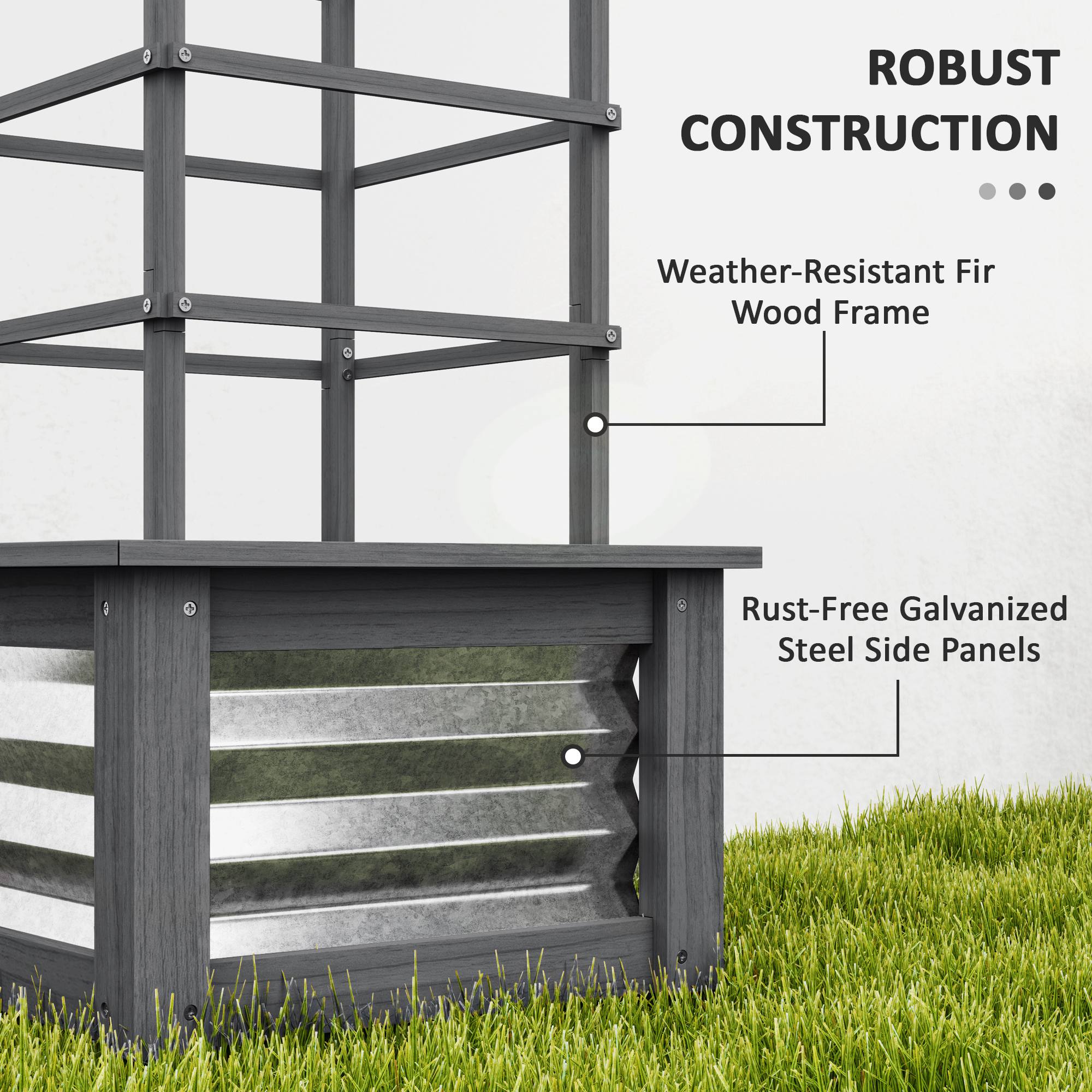 Wooden Raised Garden Bed with Trellis, Galvanized Planter Box Elevated Garden Bed for Garden, Patio, Gray