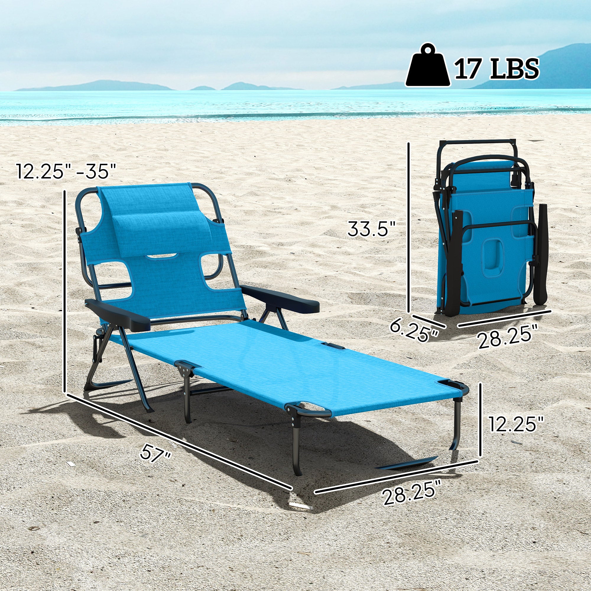 Folding Lounge Chair W Reclining Back, Light Blue