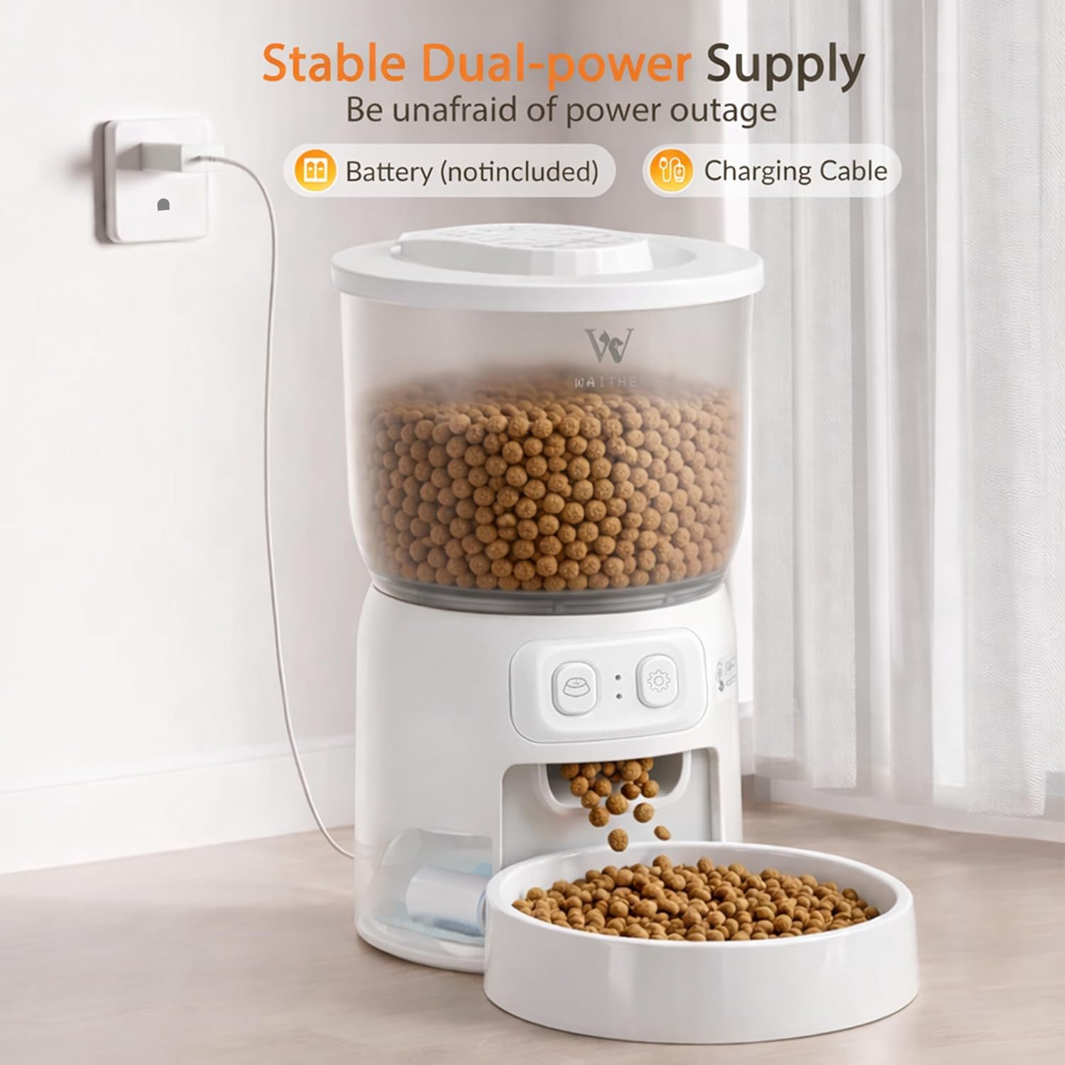 Waithem Wi-Fi Automatic Cat Feeder, Timed Dry Food Dispenser, App-Programmable Portion Control, Up To 10 Meals Per Day, Dual Power Supply, Suitable For Cats And Small Dogs
