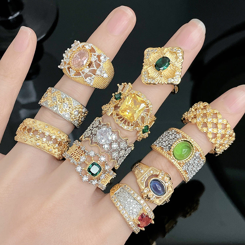 New Medieval Vintage Heavy Zircon Open Ring, Brushed Texture Light Luxury Style Niche High-end Ring For Women
