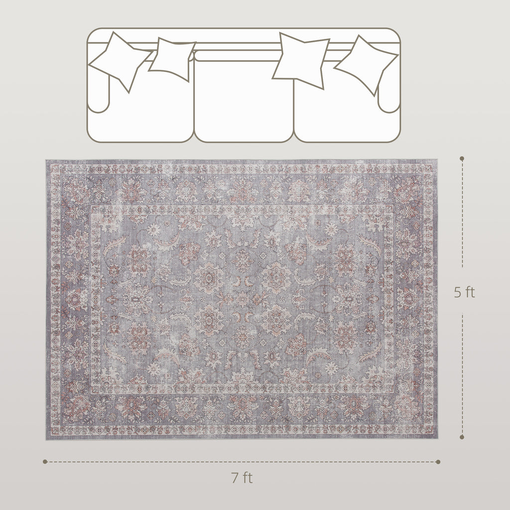 Machine Washable Area Rug 5x7, Non-Slip Traditional Flower Print Floor Carpet For Living Room, Bedroom, Grey And Brown