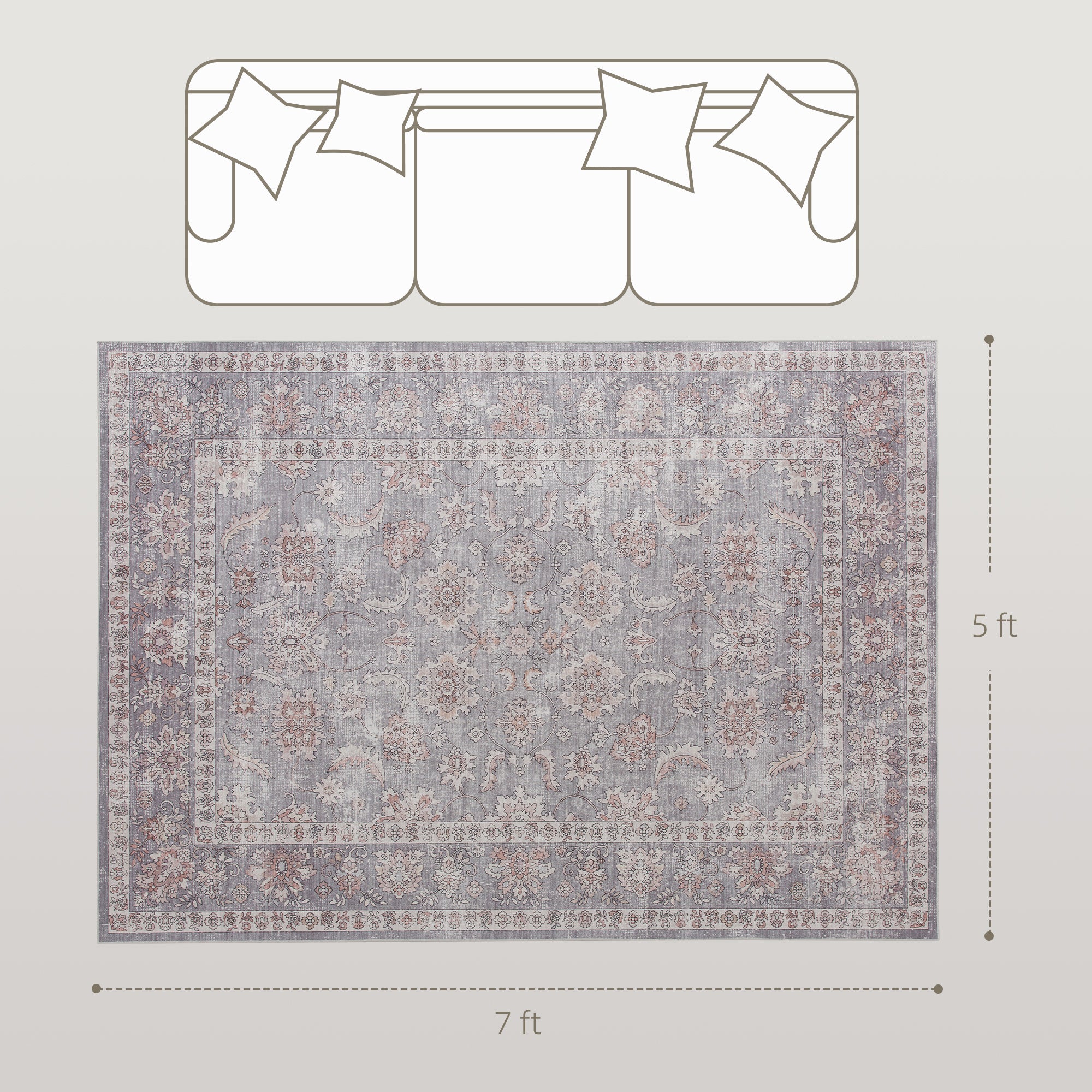 Machine Washable Area Rug 5x7, Non-Slip Traditional Flower Print Floor Carpet For Living Room, Bedroom, Grey And Brown