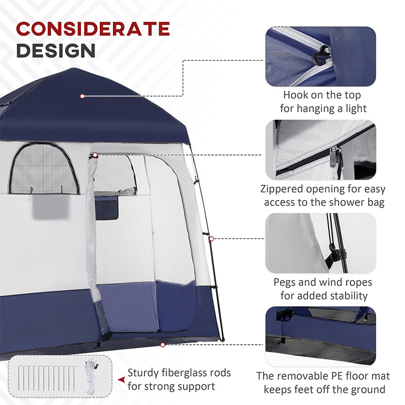 Two Room Pop Up Shower Tent With Shower Bag, Floor And Carry Bag, Blue