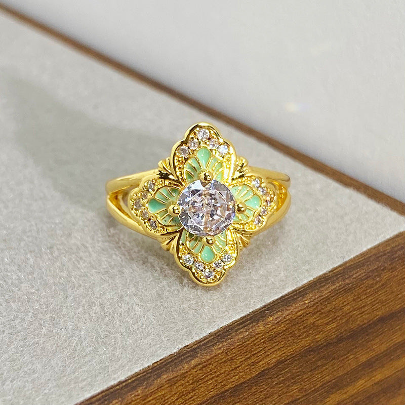 Retro Luxury Full Zircon Open Ring, Enamel Drip Oil Design, Daily Statement Ring