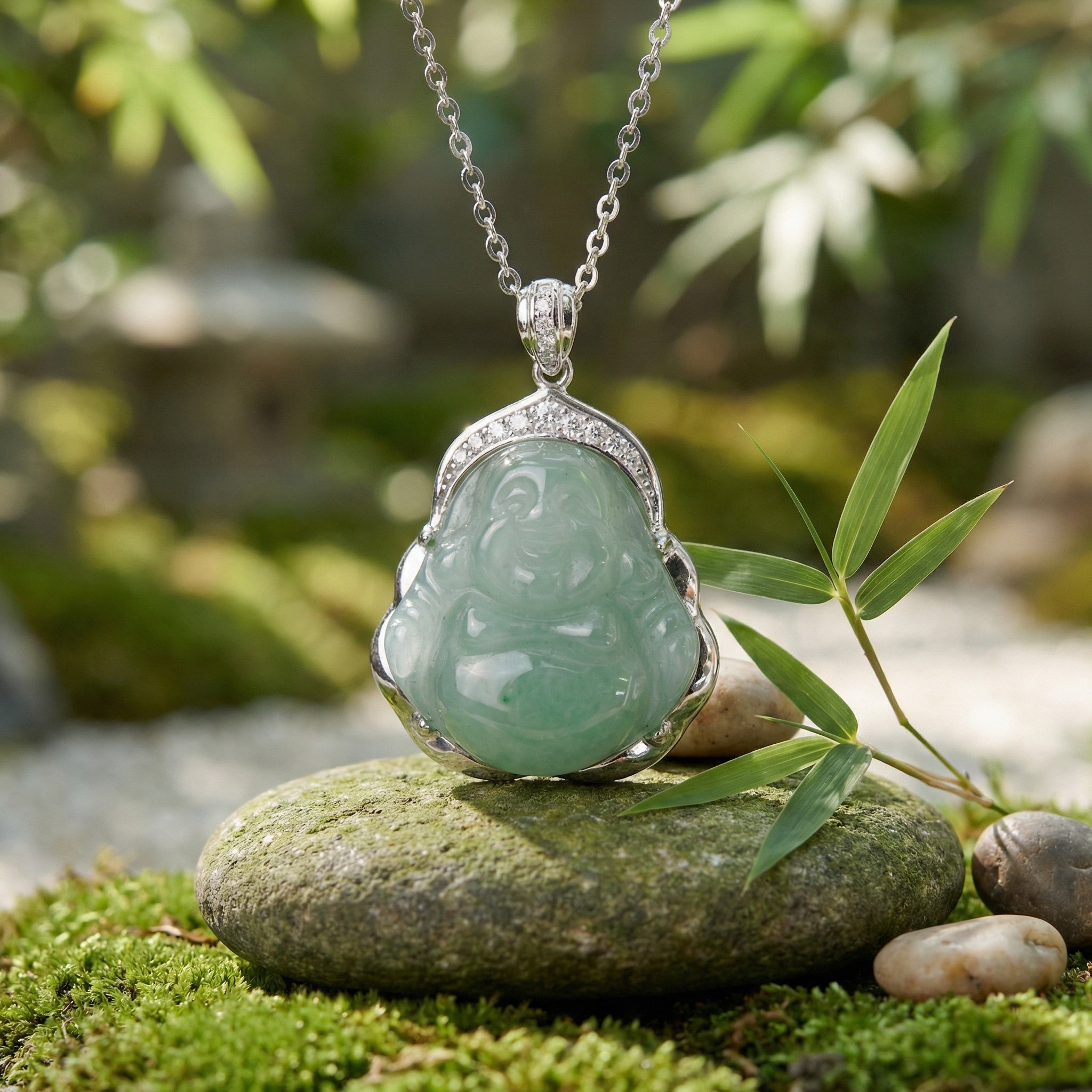 925 Sterling Silver Exquisite Green Jade Laughing Buddha Pendant Necklace in Sterling Silver with Shimmering Accents
