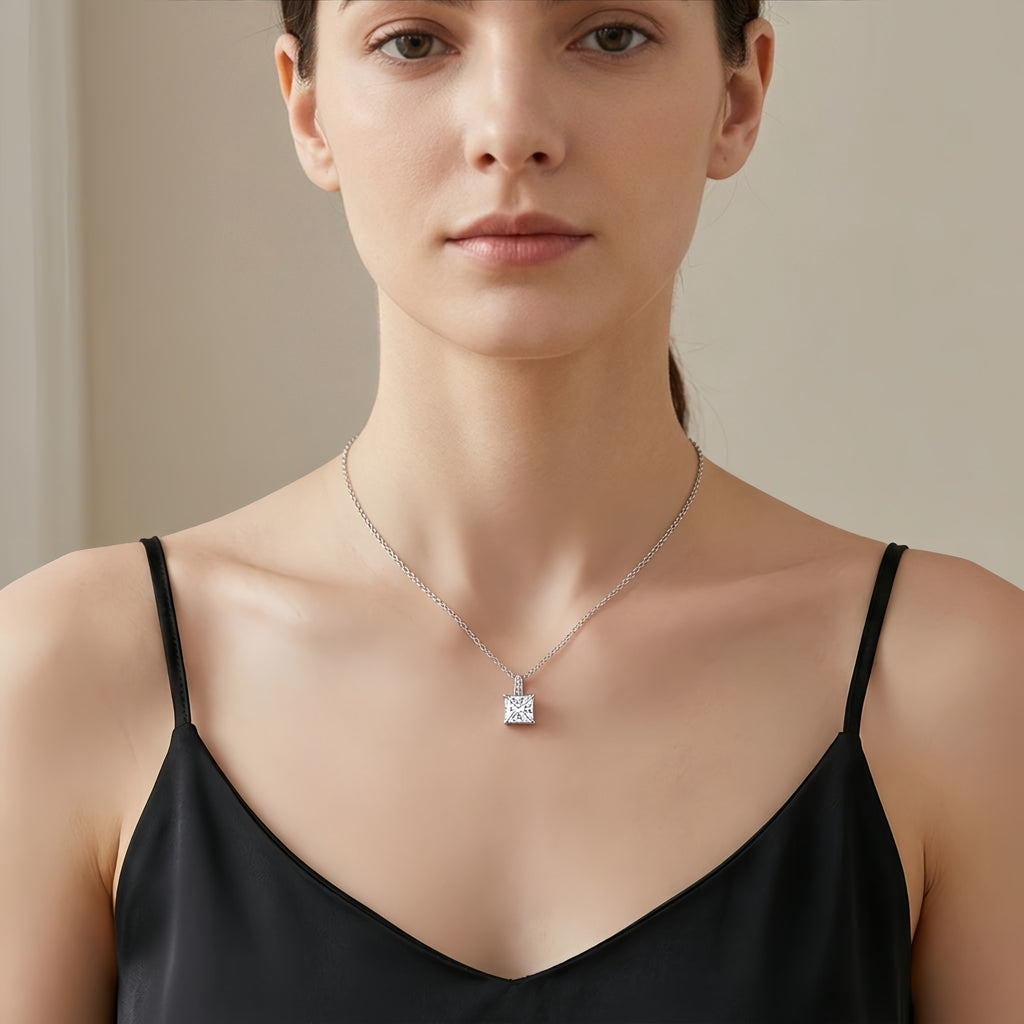 925 Sterling Silver Elegant Square-Cut CZ Pendant Necklace