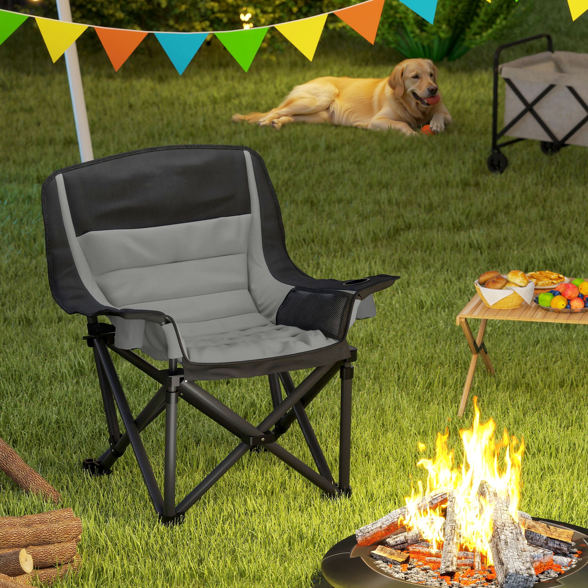 Camping Chair For Adults, Portable Folding Camping Chair With Side Pockets, Cup Holders, Carry Bag, Black And Gray