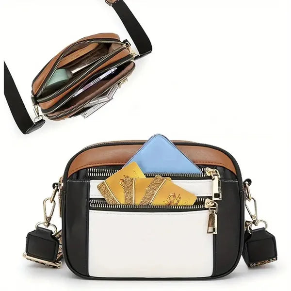 Handmade Women's Multi-Compartment Crossbody Bag & Wallet With Adjustable Strap, Golden-Tone Hardware, Zipper Closure - Premium Second-Layer Leather, 8.26x6.29, 6 Colors (Brown/White/Beige/Black/Blue/